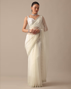  White Sheer Organza Saree with Scallop Cutwork with Unstitched Blouse