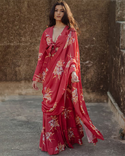 Red Vegan Silk Draped Saree with Stitched Blouse