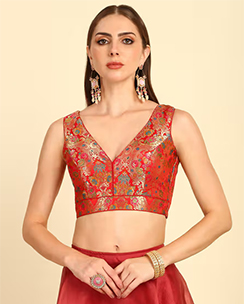 Red Ethnic Motifs Woven Design Silk Blend Blouse with Unstitched Sleeves (Set of 2)