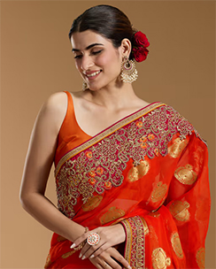 Traditional Heavy Contrast Foil Printed & Gold Bordered Orange Saree & Unstitched Blouse