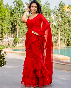 Angel Red Shimmer Ruffle Saree with Stitched Blouse