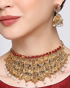 OOMPH Antique Gold Tone Necklace Set with Jhumka
