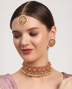 Jazz and Sizzle Pink Pearls Beads Kundan Stones Gold Plated Choker Set with Maang Tikka
